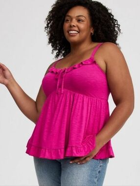 NWT TORRID Super Soft Slub Babydoll Ruffle Tie-Front Tank Size 1X Fuchsia